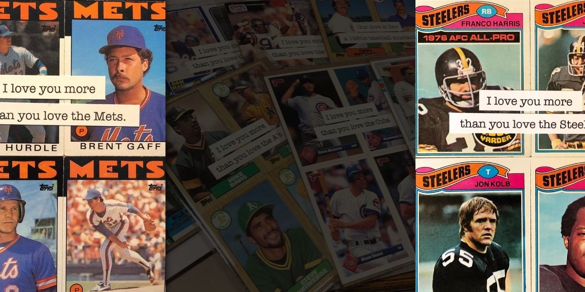 Various greeting cards on a table made from real football cards and baseball cards